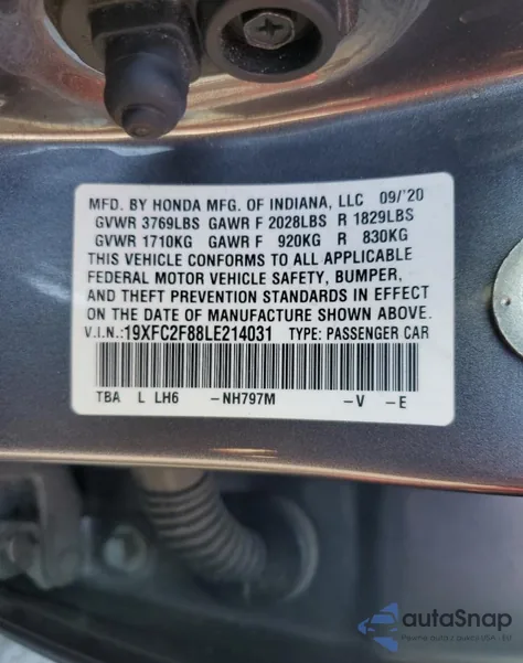 2020 Honda Civic Sport из США, поврежденный, VIN 19XFC2F88LE214031